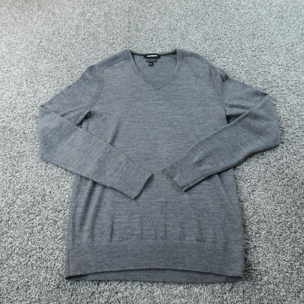Express Sweater Mens XS Gray Merino Wool Blend V Neck Knit Pullover Soft Casual